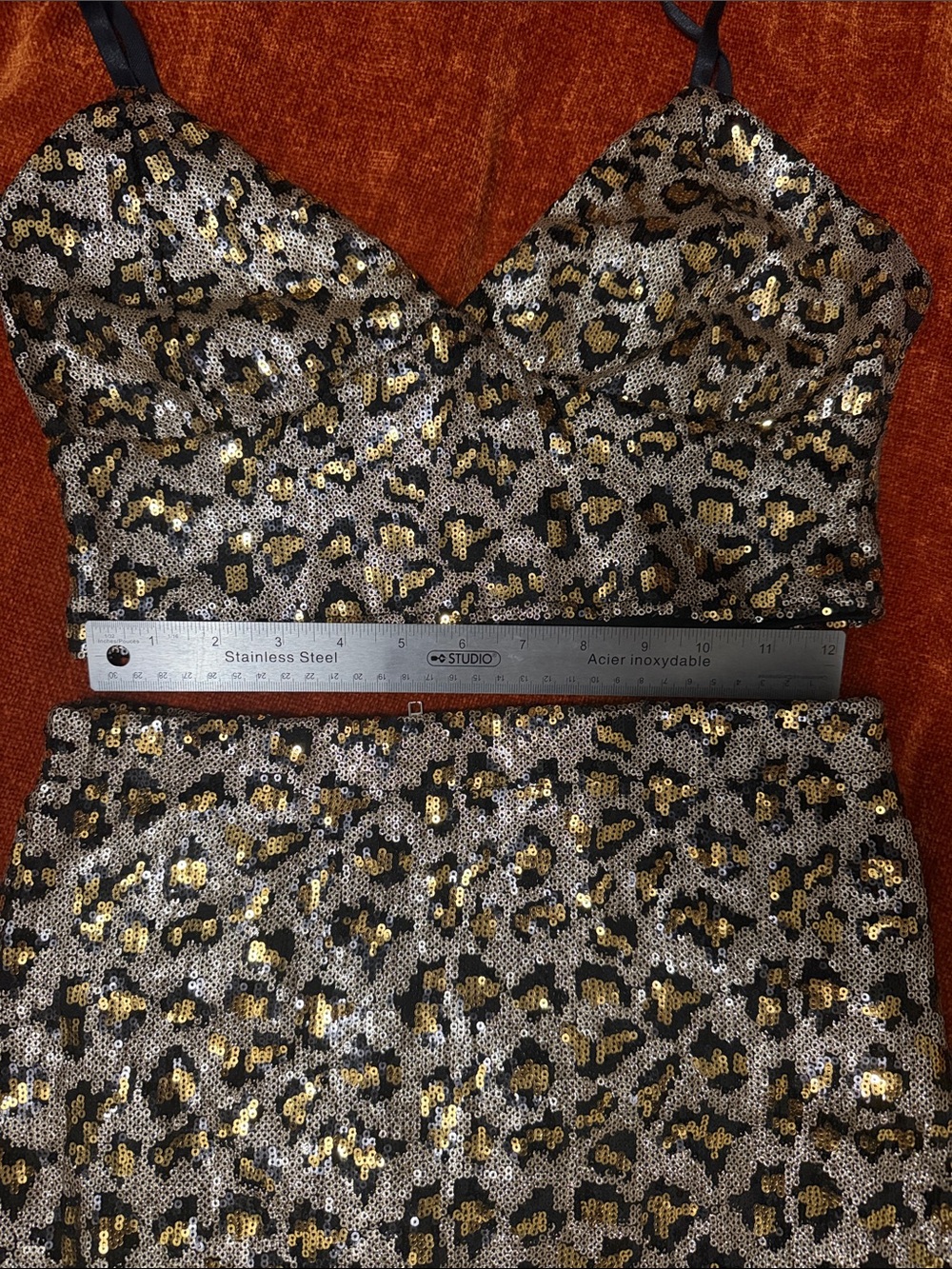 Revamped | Gold & Black Sequin Leopard Crop Top and Skirt Set | L - Picture 7 of 11